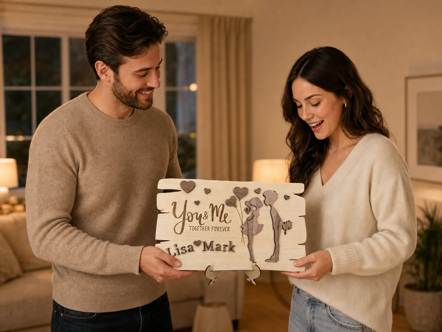 Paar mit personalisiertem Hochzeitsgeschenk