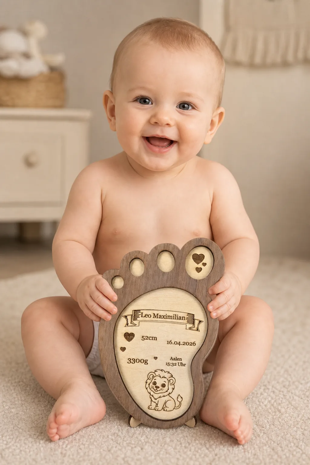 Baby mit personalisiertem Geburtsgeschenk