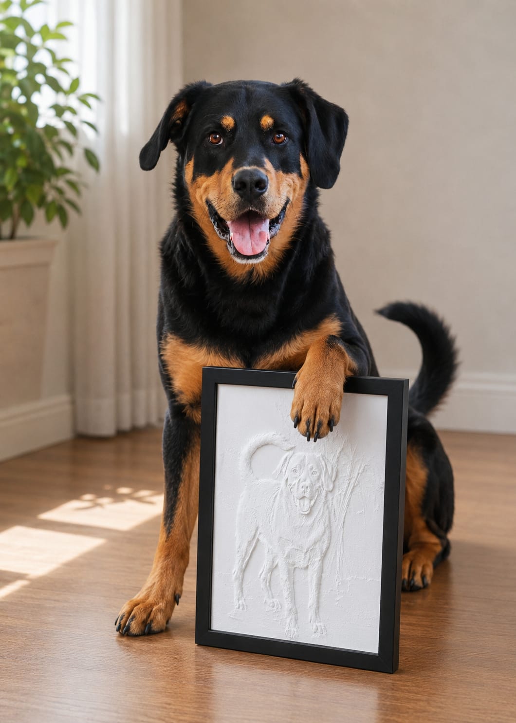 Schwarz-brauner Hund mit gerahmtem 3D-Relief seines Porträts